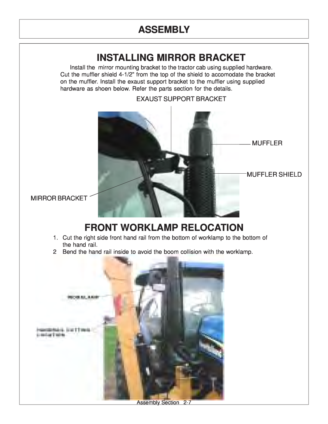 Tiger Products Co., Ltd 6020009 manual Assembly Installing Mirror Bracket, Front Worklamp Relocation 