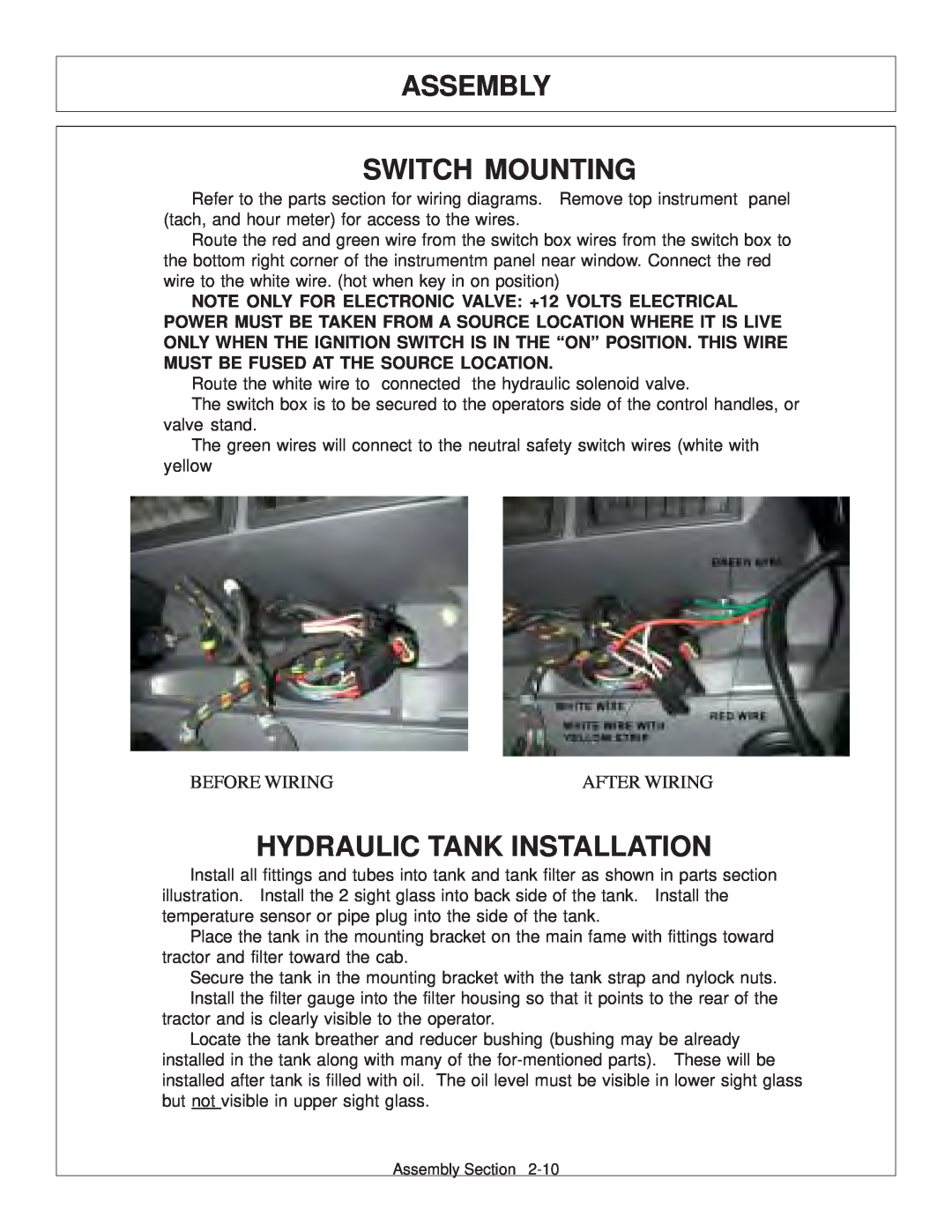 Tiger Products Co., Ltd 6020009 manual Assembly Switch Mounting, Hydraulic Tank Installation, Before Wiring, After Wiring 