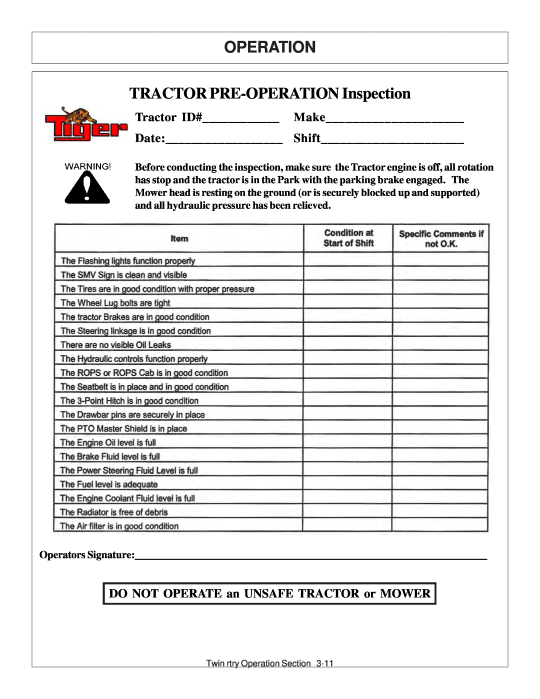 Tiger Products Co., Ltd 6020009 manual TRACTOR PRE-OPERATION Inspection, Operation, Tractor ID# Make Date Shift 