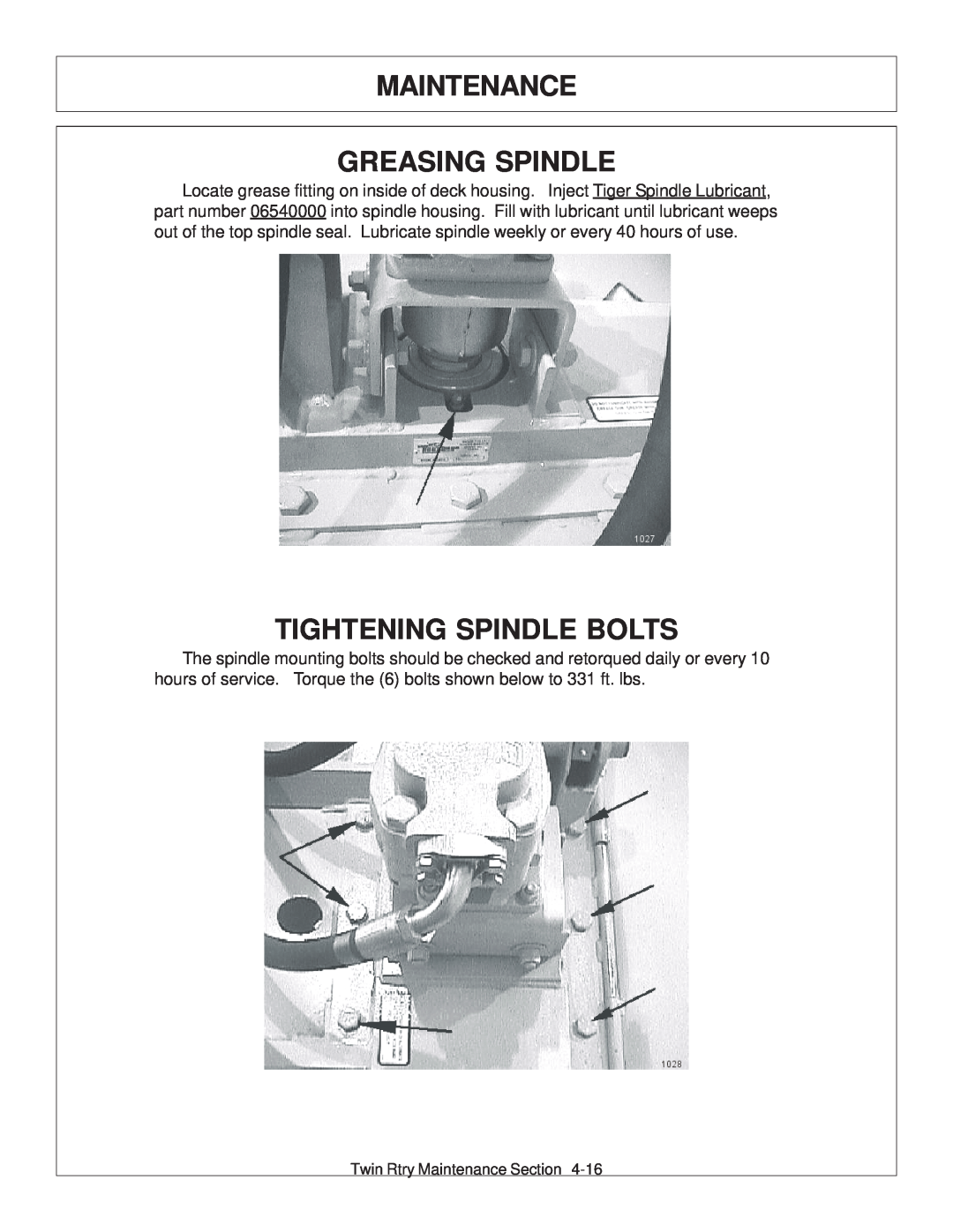 Tiger Products Co., Ltd 6020009 manual Maintenance Greasing Spindle, Tightening Spindle Bolts 