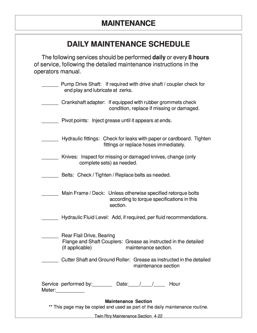 Tiger Products Co., Ltd 6020009 manual Maintenance Daily Maintenance Schedule, Maintenance Section 