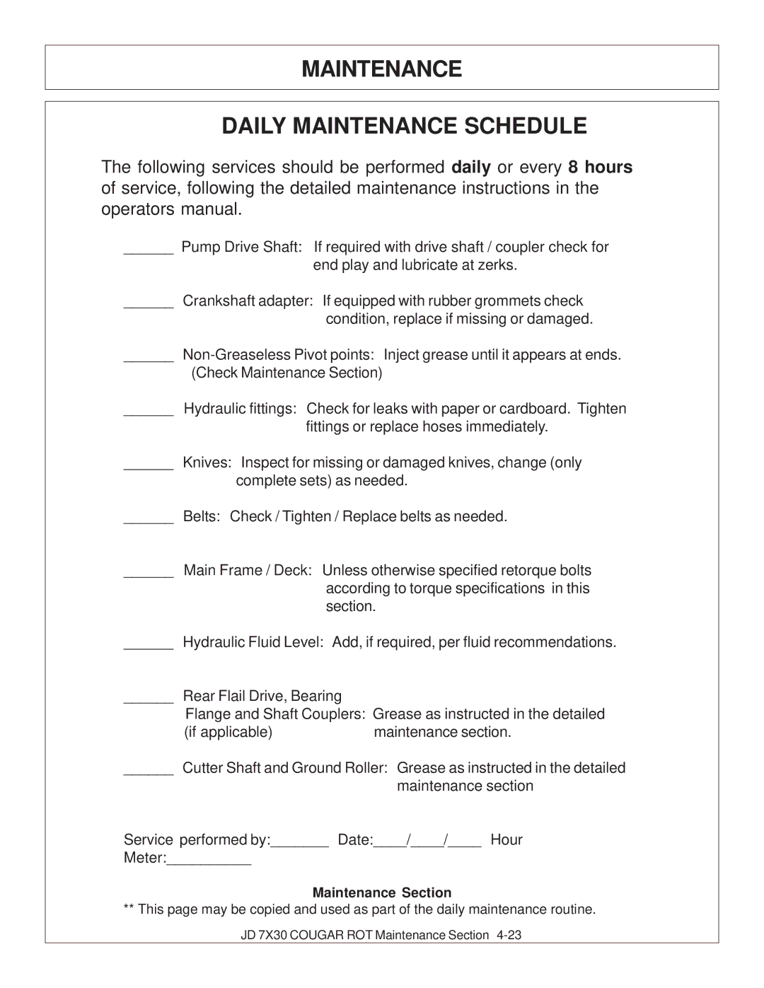 Tiger Products Co., Ltd 7X30 manual Maintenance Daily Maintenance Schedule, Maintenance Section 