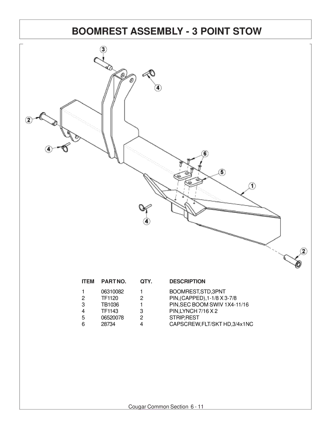 Tiger Products Co., Ltd 7X30 manual Boomrest Assembly 3 Point Stow, QTY Description 