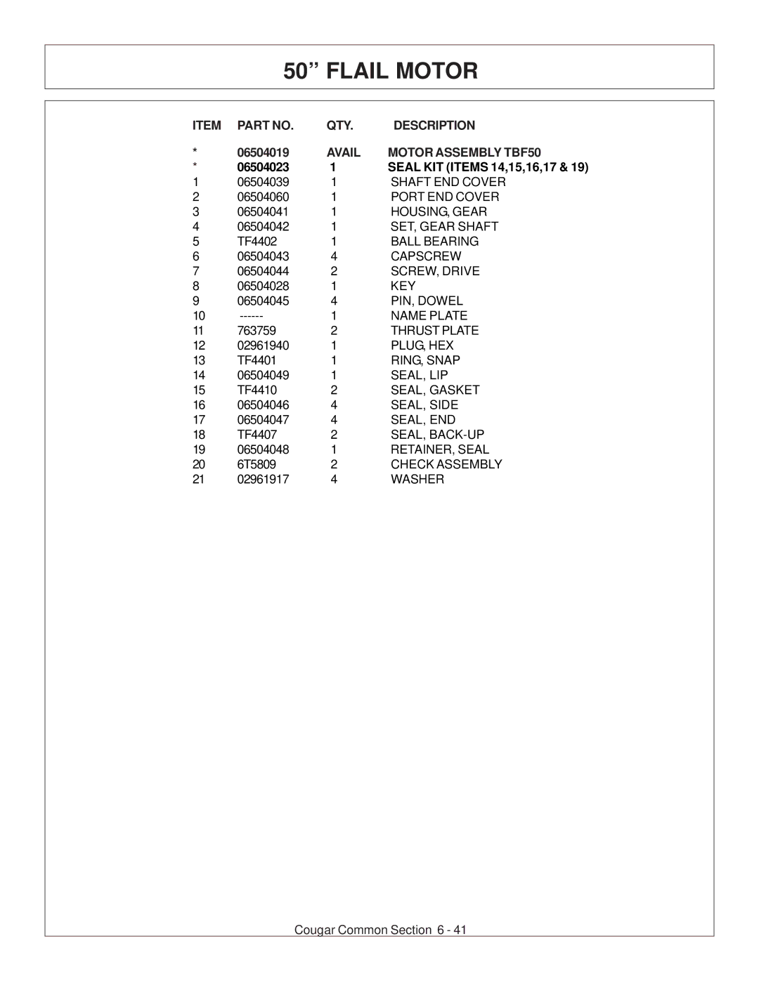 Tiger Products Co., Ltd 7X30 manual Avail Motor Assembly TBF50, Seal KIT Items 14,15,16,17 