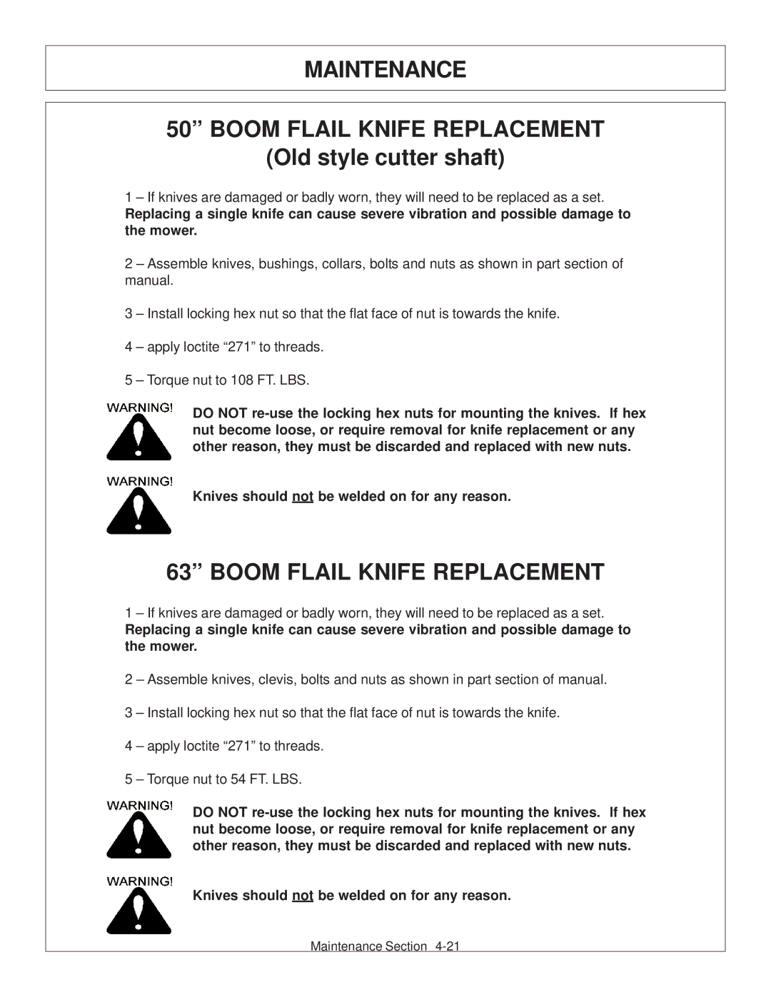 Tiger Products Co., Ltd CNH T6010-80 manual Maintenance Boom Flail Knife Replacement, Old style cutter shaft 