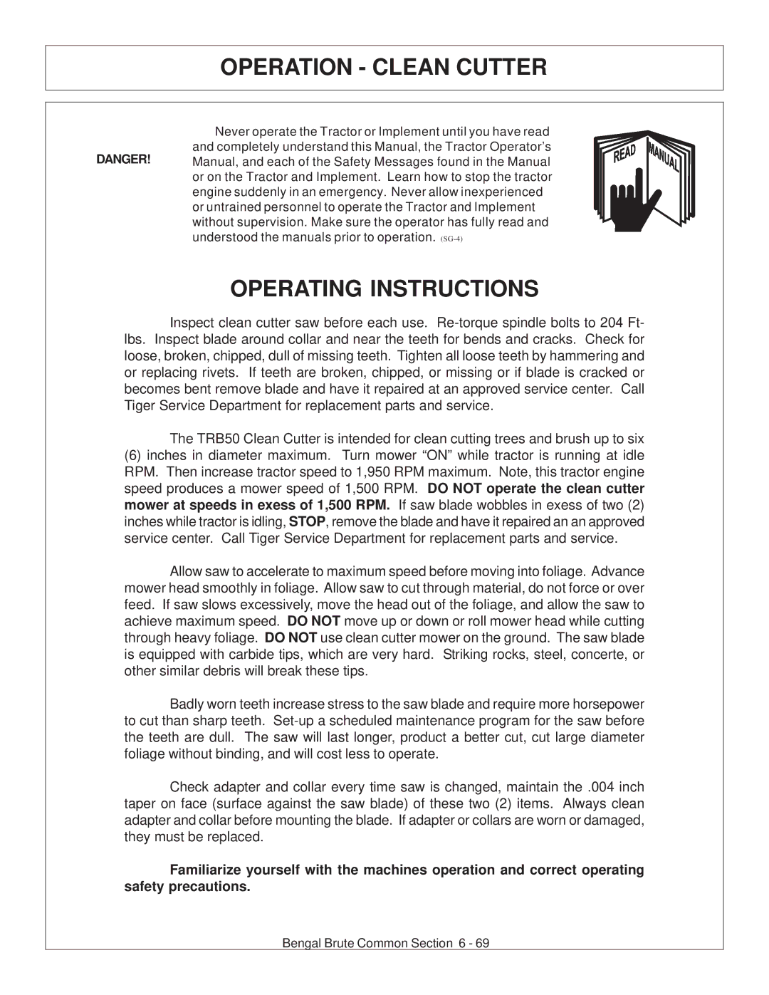 Tiger Products Co., Ltd CNH T6010-80 manual Operation Clean Cutter, Operating Instructions 