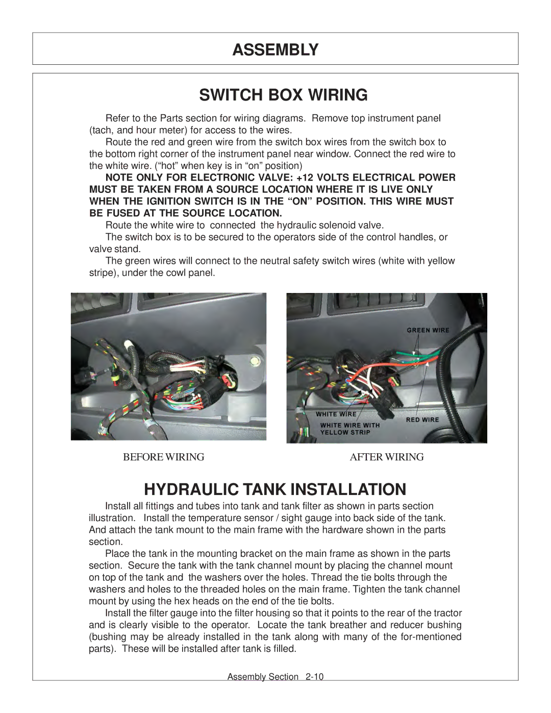 Tiger Products Co., Ltd CNH T6010-80 manual Assembly Switch BOX Wiring, Hydraulic Tank Installation 