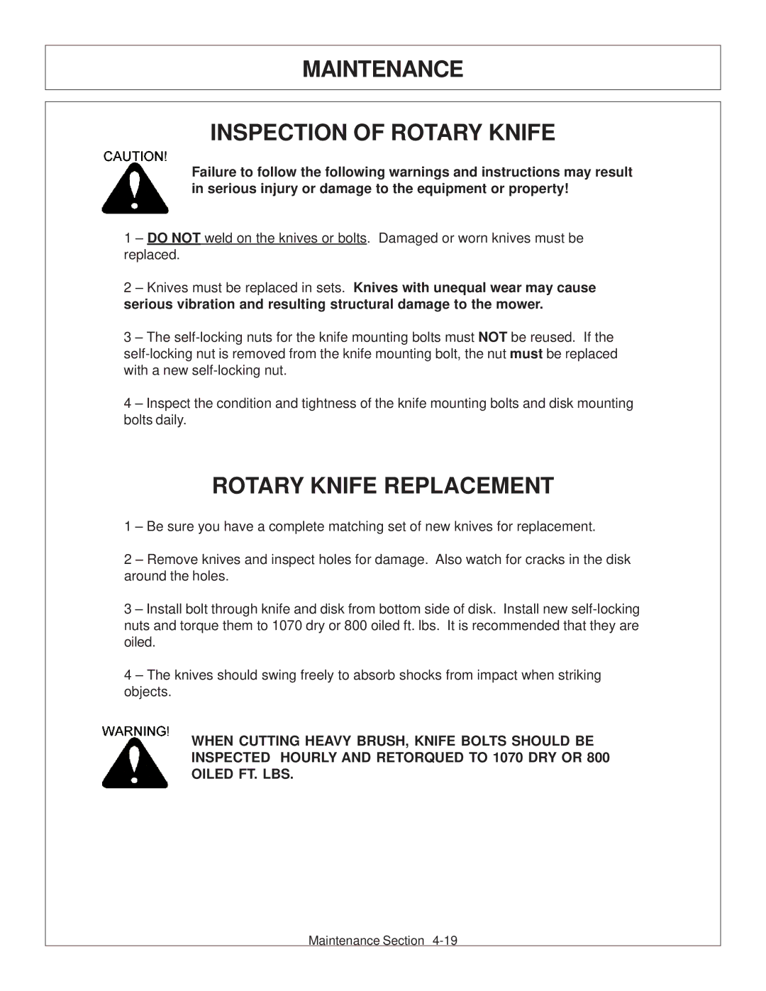 Tiger Products Co., Ltd CNH T6010-80 manual Maintenance Inspection of Rotary Knife, Rotary Knife Replacement 