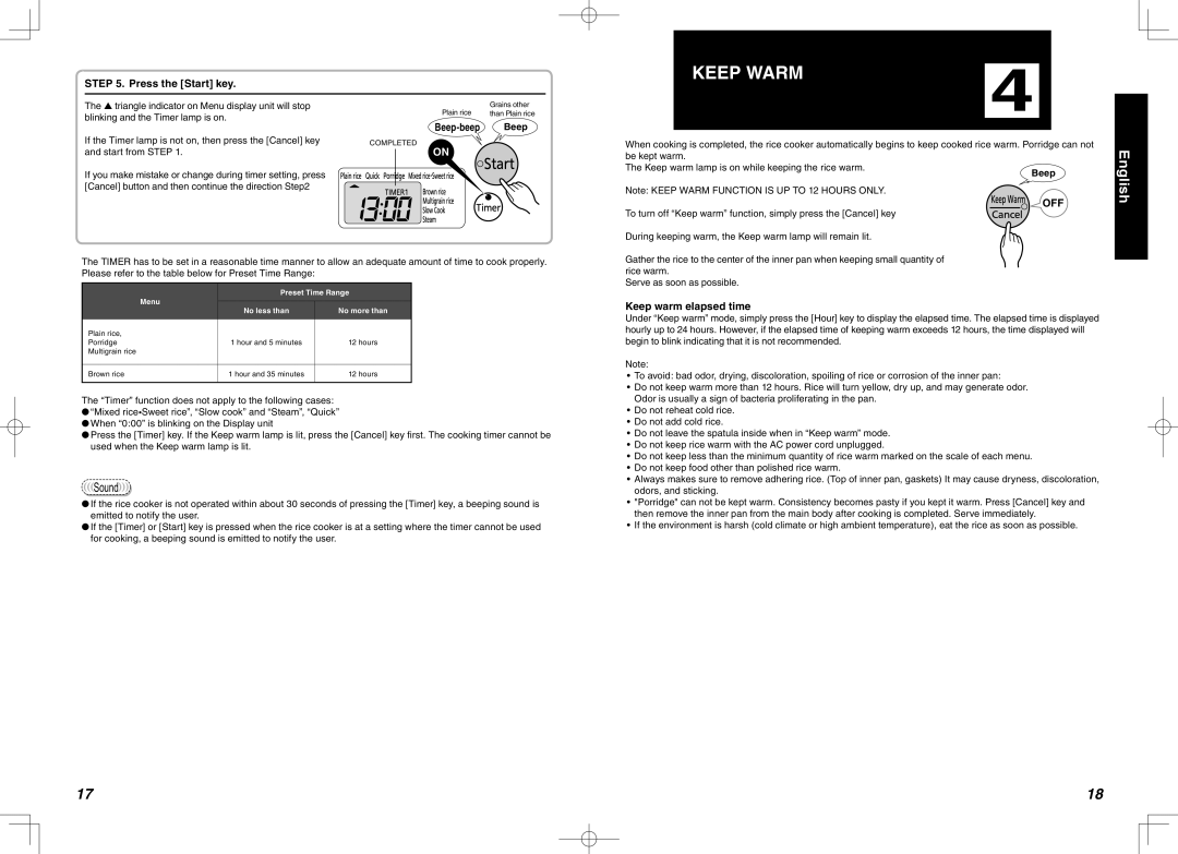 Tiger Products Co., Ltd JBA-T10A, JBA-T18W, JBA-T18S, JBA-A18S manual Keep Warm, Press the Start key, Keep warm elapsed time 