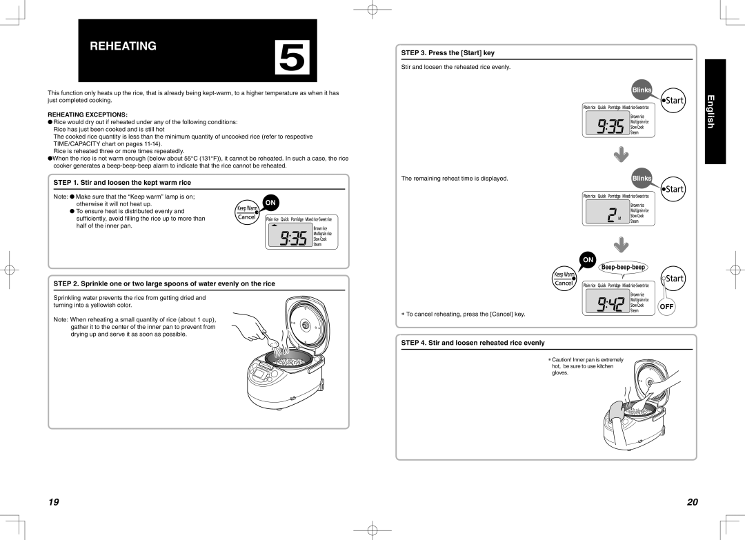 Tiger Products Co., Ltd JBA-T18G, JBA-T18W, JBA-T18S manual REHEATING5, Stir and loosen the kept warm rice, Beep-beep-beep 