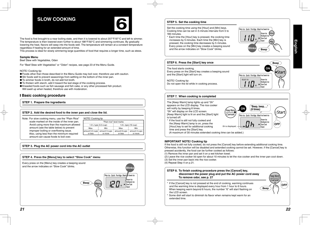 Tiger Products Co., Ltd JBA-A18W, JBA-T18W, JBA-T18S, JBA-A18S, JBA-A18G, JBA-A10S manual Slow Cooking, Basic cooking procedure 