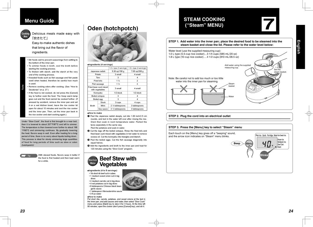 Tiger Products Co., Ltd JBA-T10G, JBA-T18W, JBA-T18S, JBA-A18S, JBA-A18G, JBA-A10S, JBA-T10W, JBA-T18A Menu Guide, Steam Cooking 