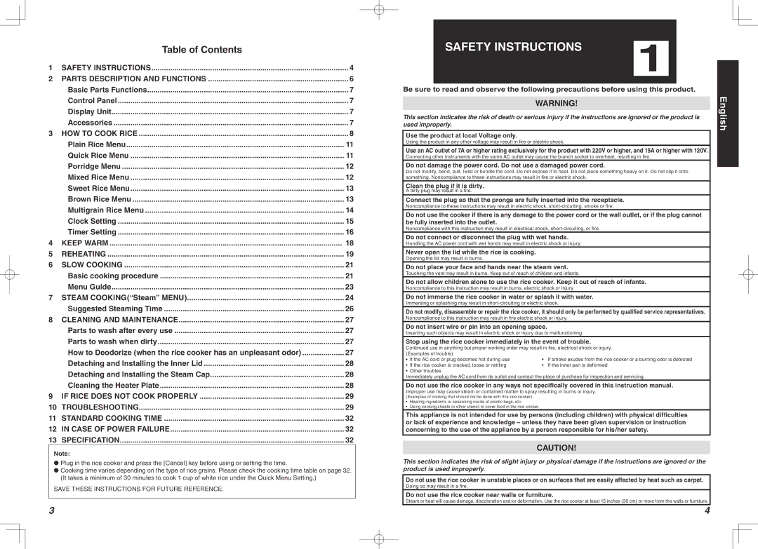 Tiger Products Co., Ltd JBA-A18G, JBA-T18W, JBA-T18S, JBA-A18S, JBA-A10S, JBA-T10W manual Safety Instructions, Table of Contents 