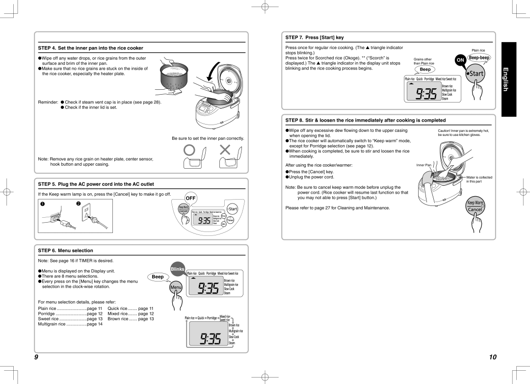 Tiger Products Co., Ltd JBA-T18A, JBA-T18W Press Start key Set the inner pan into the rice cooker, Menu selection, Beep 