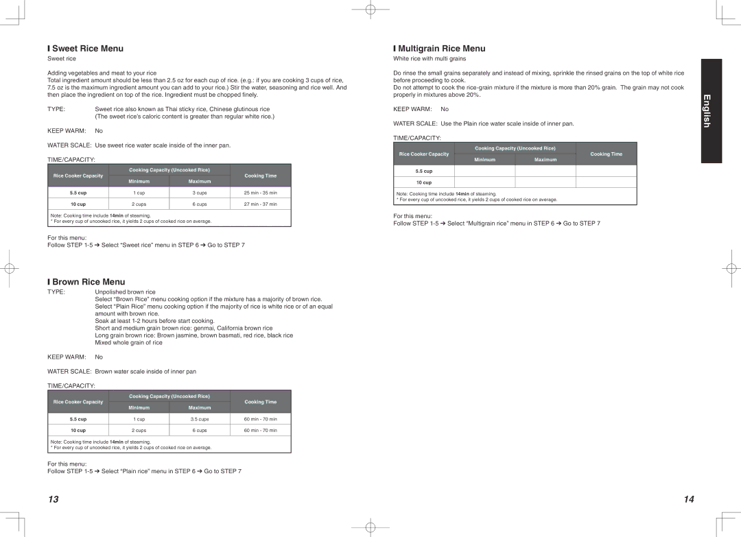 Tiger Products Co., Ltd JBA-T10U, JBA-T18W, JBA-T18S, JBA-A18S manual Sweet Rice Menu, Brown Rice Menu, Multigrain Rice Menu 