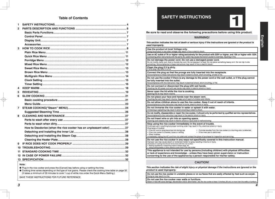 Tiger Products Co., Ltd JBA-A18G, JBA-T18W, JBA-T18S, JBA-A18S, JBA-A10S manual Safety Instructions, English, Table of Contents 