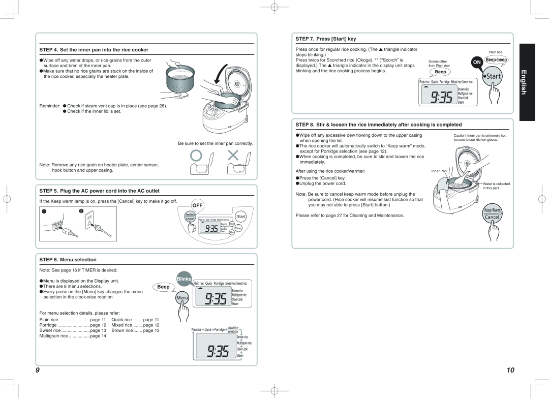 Tiger Products Co., Ltd JBA-T18A English, Press Start key, Set the inner pan into the rice cooker, Menu selection, Blinks 