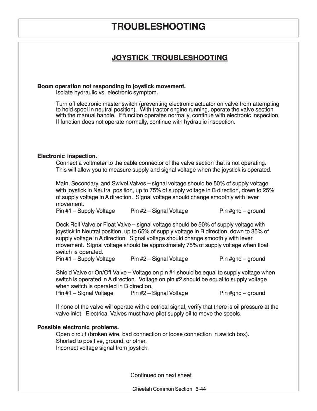 Tiger Products Co., Ltd JD 5083E manual Joystick Troubleshooting, Boom operation not responding to joystick movement 