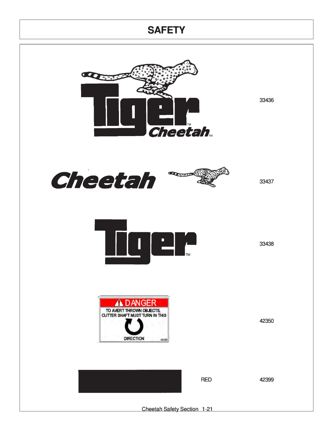 Tiger Products Co., Ltd JD 5101E, JD 5083E, JD 5093E manual 33436 33437 33438 42350 RED42399, Cheetah Safety Section 