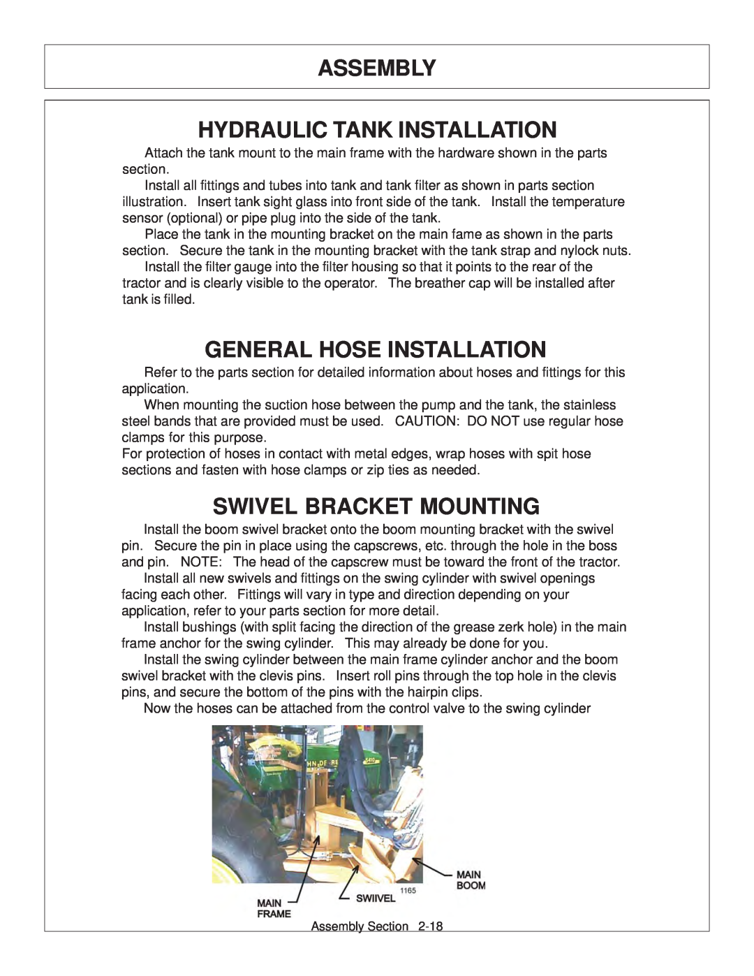 Tiger Products Co., Ltd JD 5083E Assembly Hydraulic Tank Installation, General Hose Installation, Swivel Bracket Mounting 