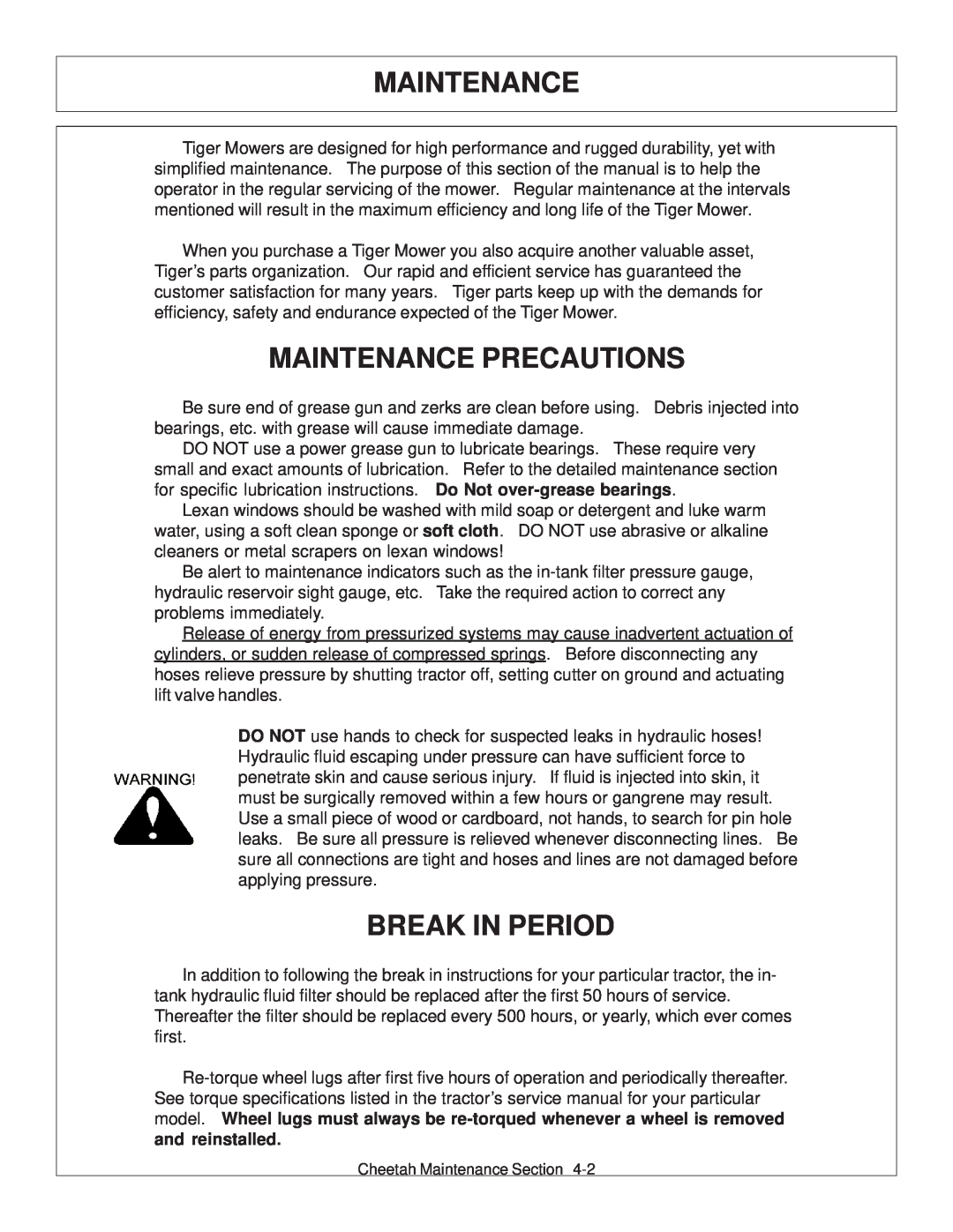 Tiger Products Co., Ltd JD 5093E, JD 5101E, JD 5083E manual Maintenance Precautions, Break In Period 