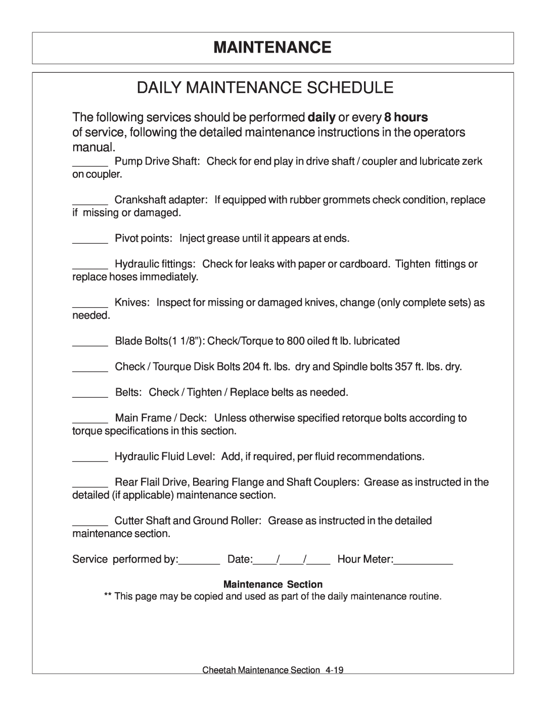 Tiger Products Co., Ltd JD 5083E, JD 5101E, JD 5093E manual Daily Maintenance Schedule 