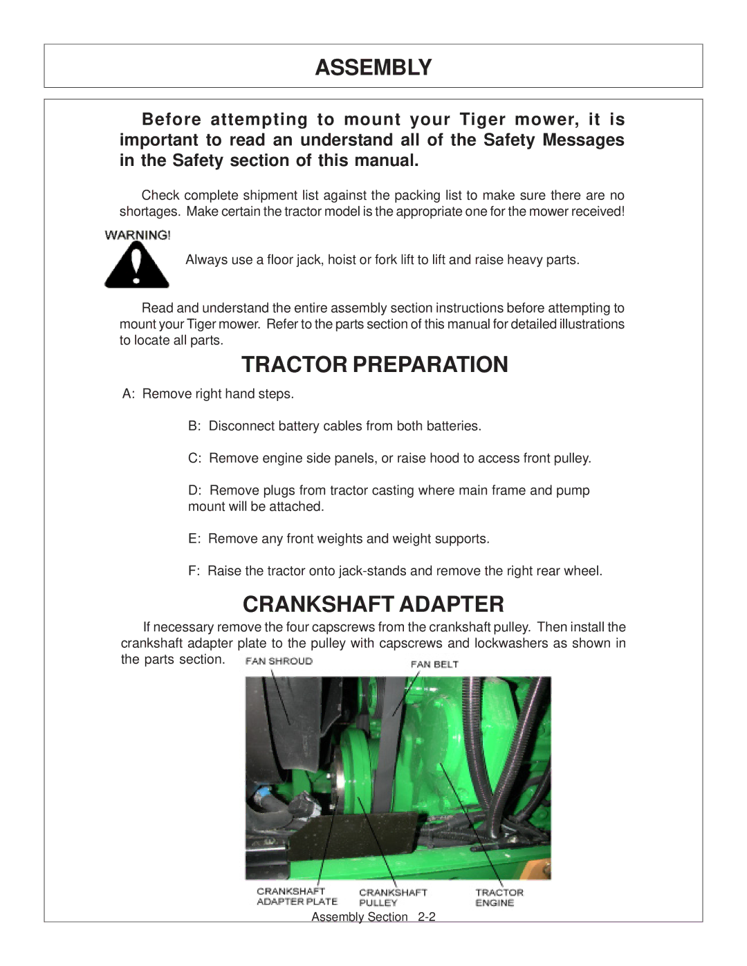 Tiger Products Co., Ltd JD 72-7520 manual Assembly, Tractor Preparation, Crankshaft Adapter 