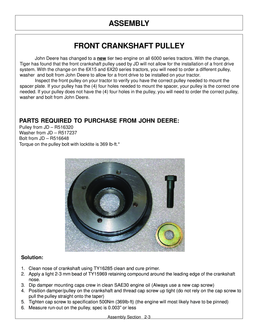 Tiger Products Co., Ltd JD 72-7520 manual Assembly Front Crankshaft Pulley, Parts Required to Purchase from John Deere 