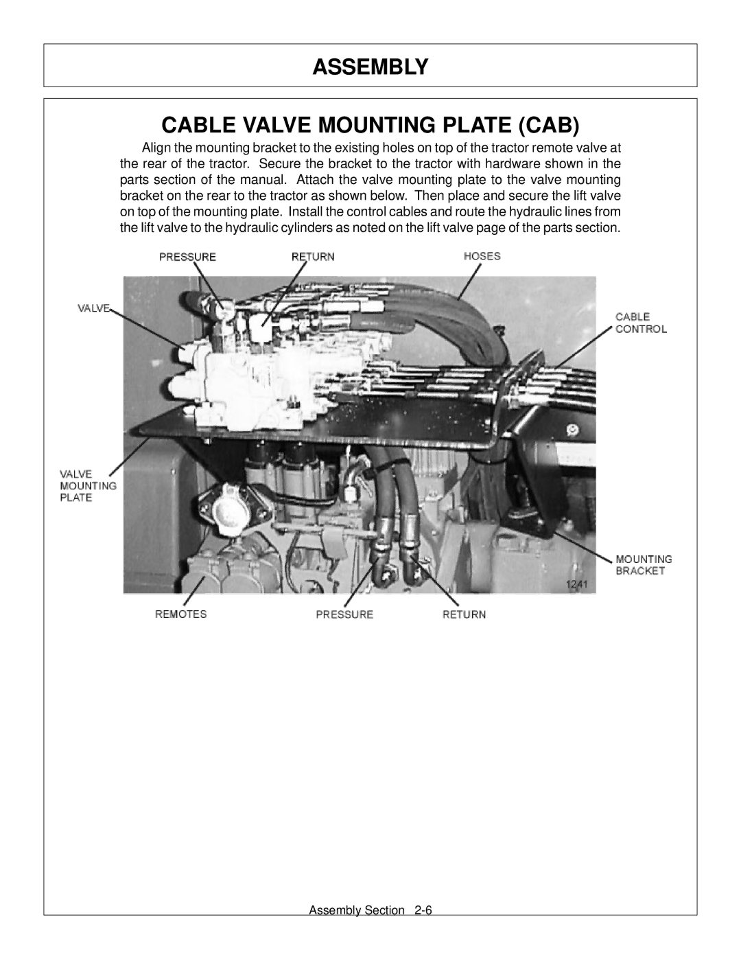 Tiger Products Co., Ltd JD 72-7520 manual Assembly Cable Valve Mounting Plate CAB 