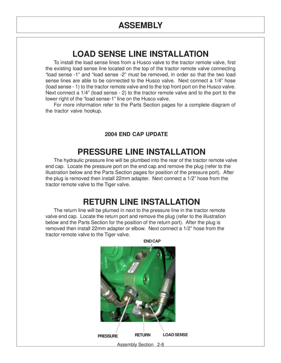 Tiger Products Co., Ltd JD 72-7520 manual Assembly Load Sense Line Installation 