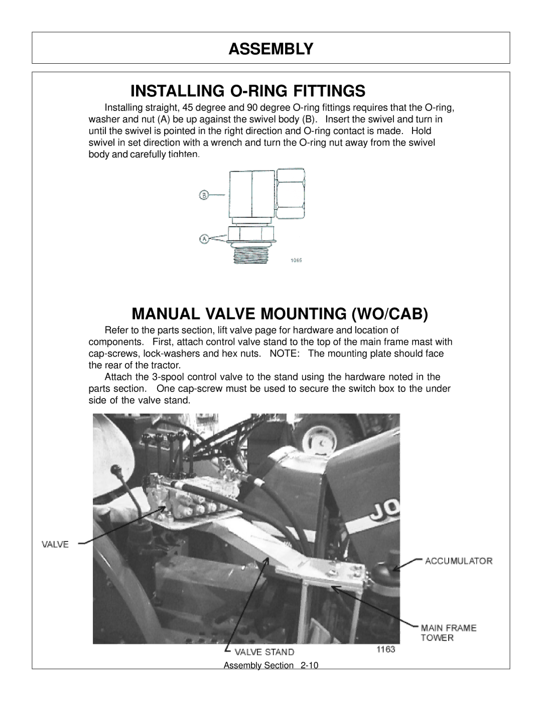 Tiger Products Co., Ltd JD 72-7520 manual Assembly Installing O-RING Fittings, Manual Valve Mounting WO/CAB 