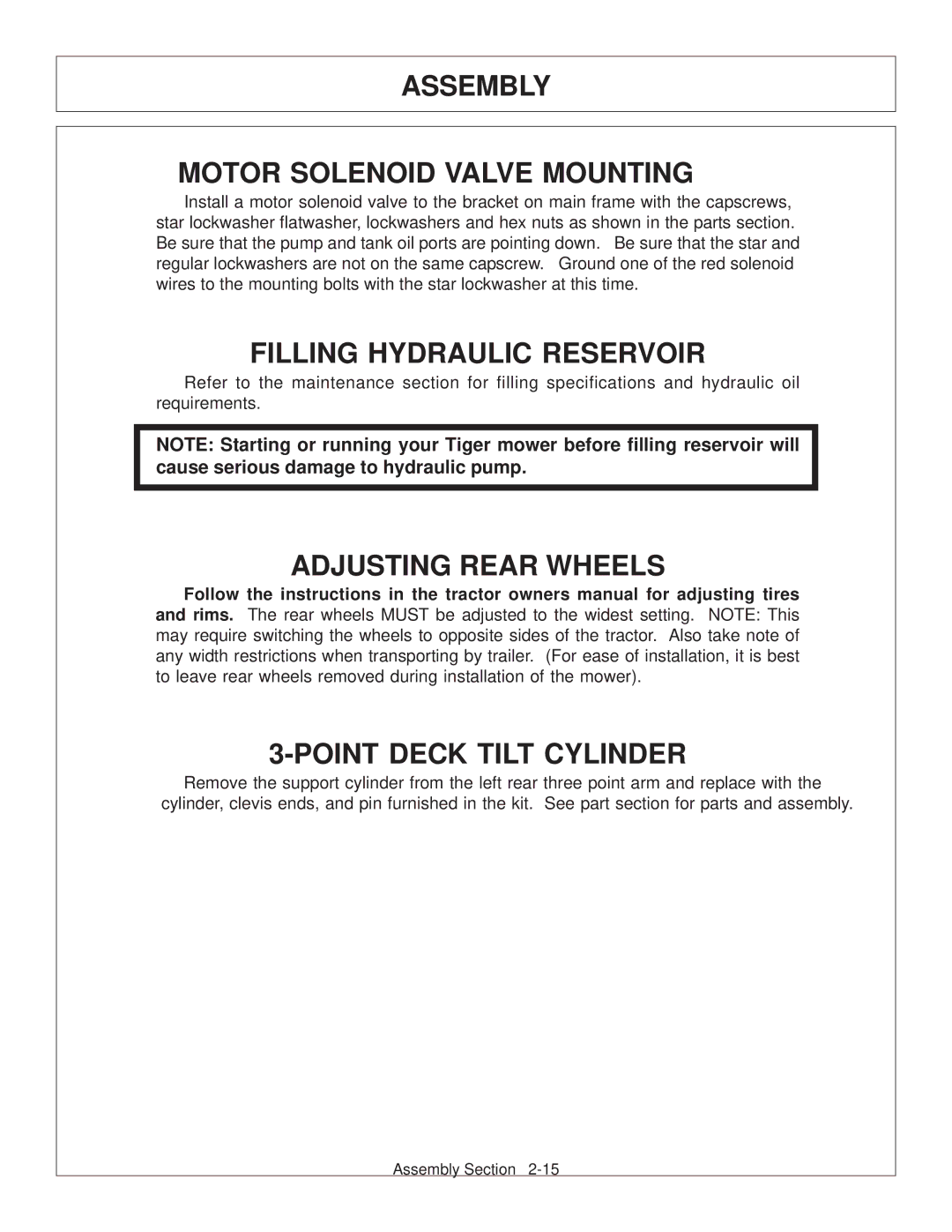 Tiger Products Co., Ltd JD 72-7520 manual Assembly Motor Solenoid Valve Mounting, Filling Hydraulic Reservoir 