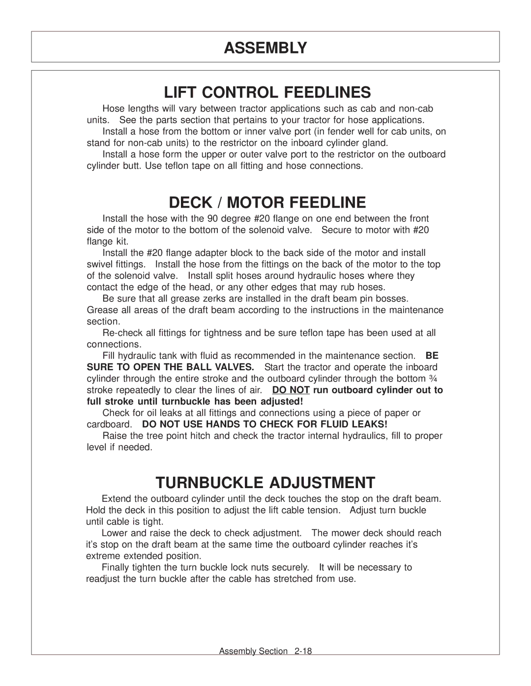 Tiger Products Co., Ltd JD 72-7520 manual Assembly Lift Control Feedlines, Deck / Motor Feedline, Turnbuckle Adjustment 