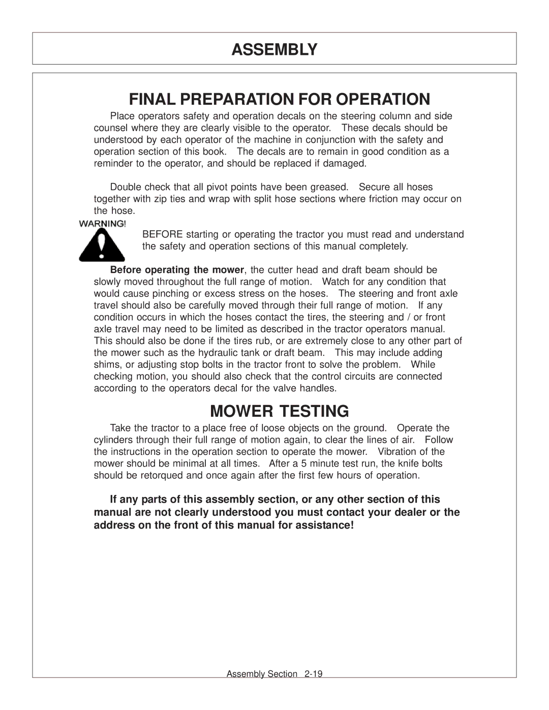 Tiger Products Co., Ltd JD 72-7520 manual Assembly Final Preparation for Operation, Mower Testing 