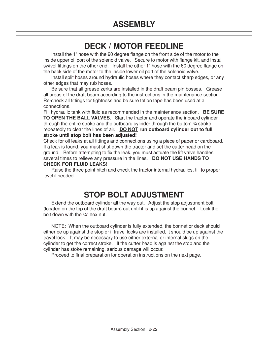 Tiger Products Co., Ltd JD 72-7520 manual Assembly Deck / Motor Feedline, Stop Bolt Adjustment 