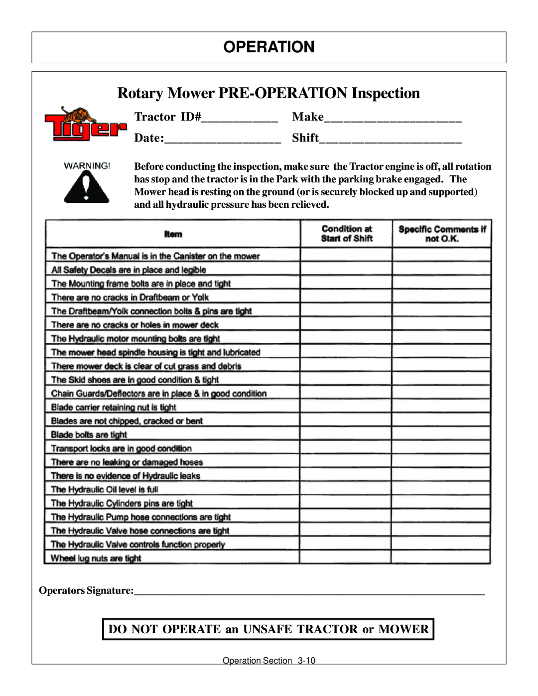 Tiger Products Co., Ltd JD 72-7520 manual Rotary Mower PRE-OPERATION Inspection 