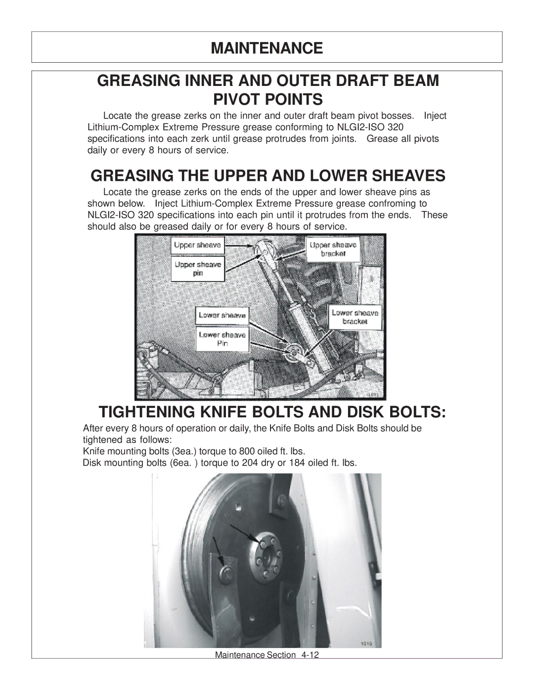 Tiger Products Co., Ltd JD 72-7520 manual Greasing the Upper and Lower Sheaves, Tightening Knife Bolts and Disk Bolts 