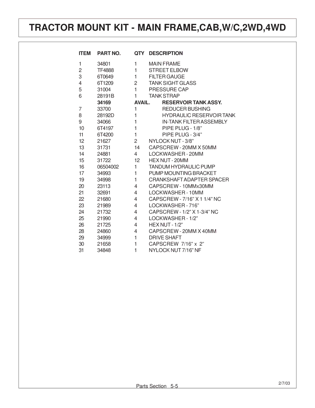 Tiger Products Co., Ltd JD 72-7520 manual Avail Reservoir Tank Assy 