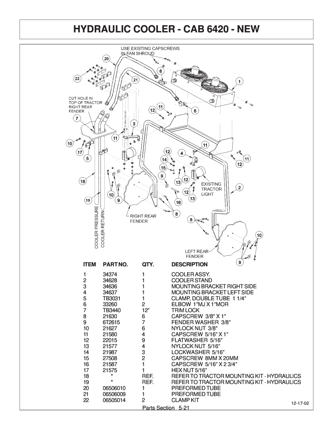 Tiger Products Co., Ltd JD 72-7520 manual HYDRAULIC COOLER - CAB 6420 - NEW, Description 