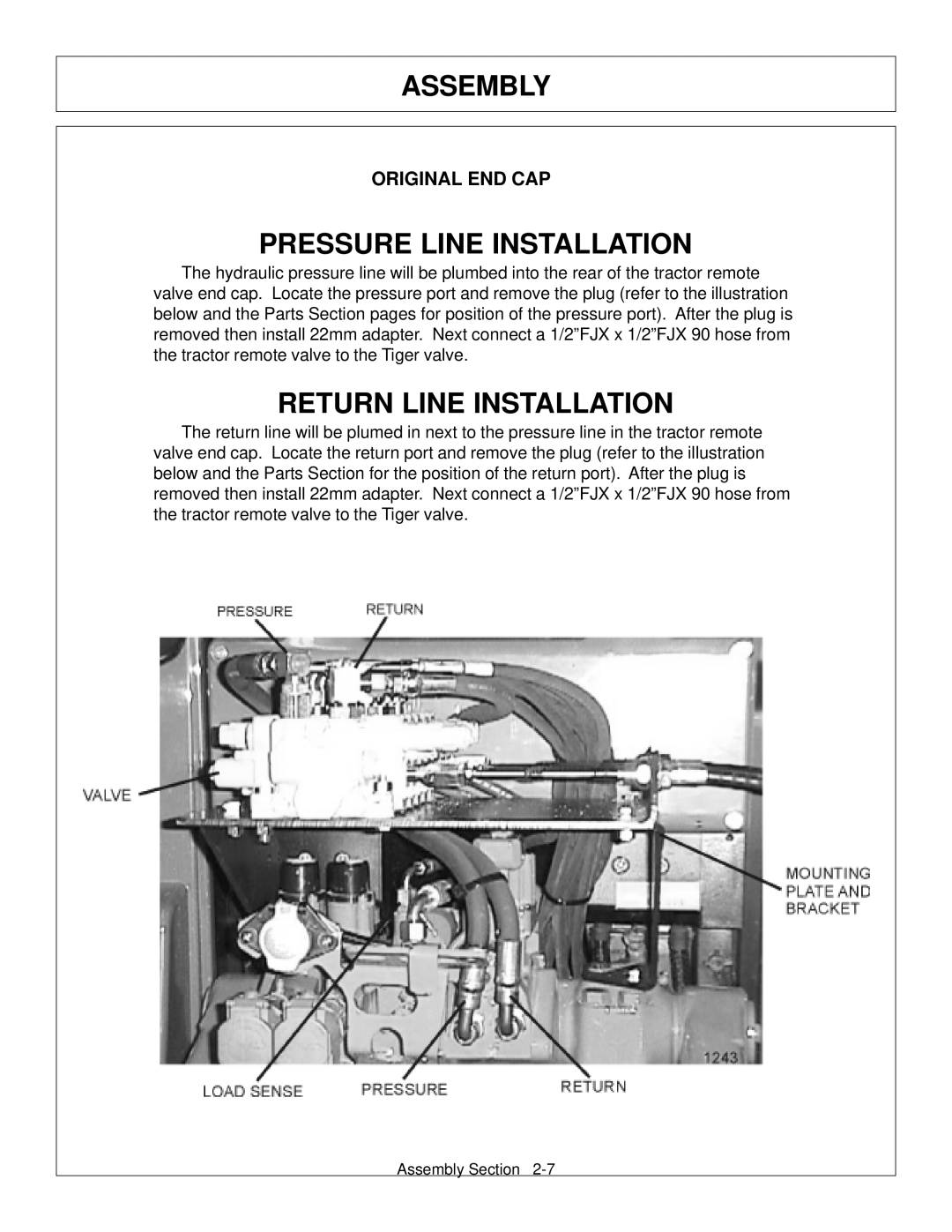 Tiger Products Co., Ltd JD 72-7520 manual Pressure Line Installation, Return Line Installation, Assembly, Original End Cap 