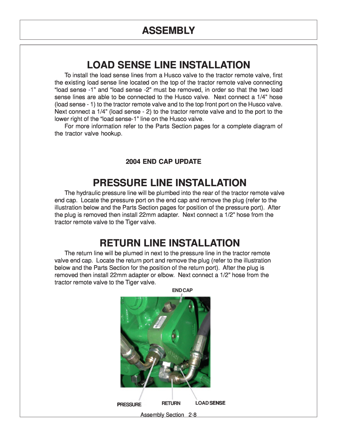 Tiger Products Co., Ltd JD 72-7520 Load Sense Line Installation, Assembly, Pressure Line Installation, End Cap Update 