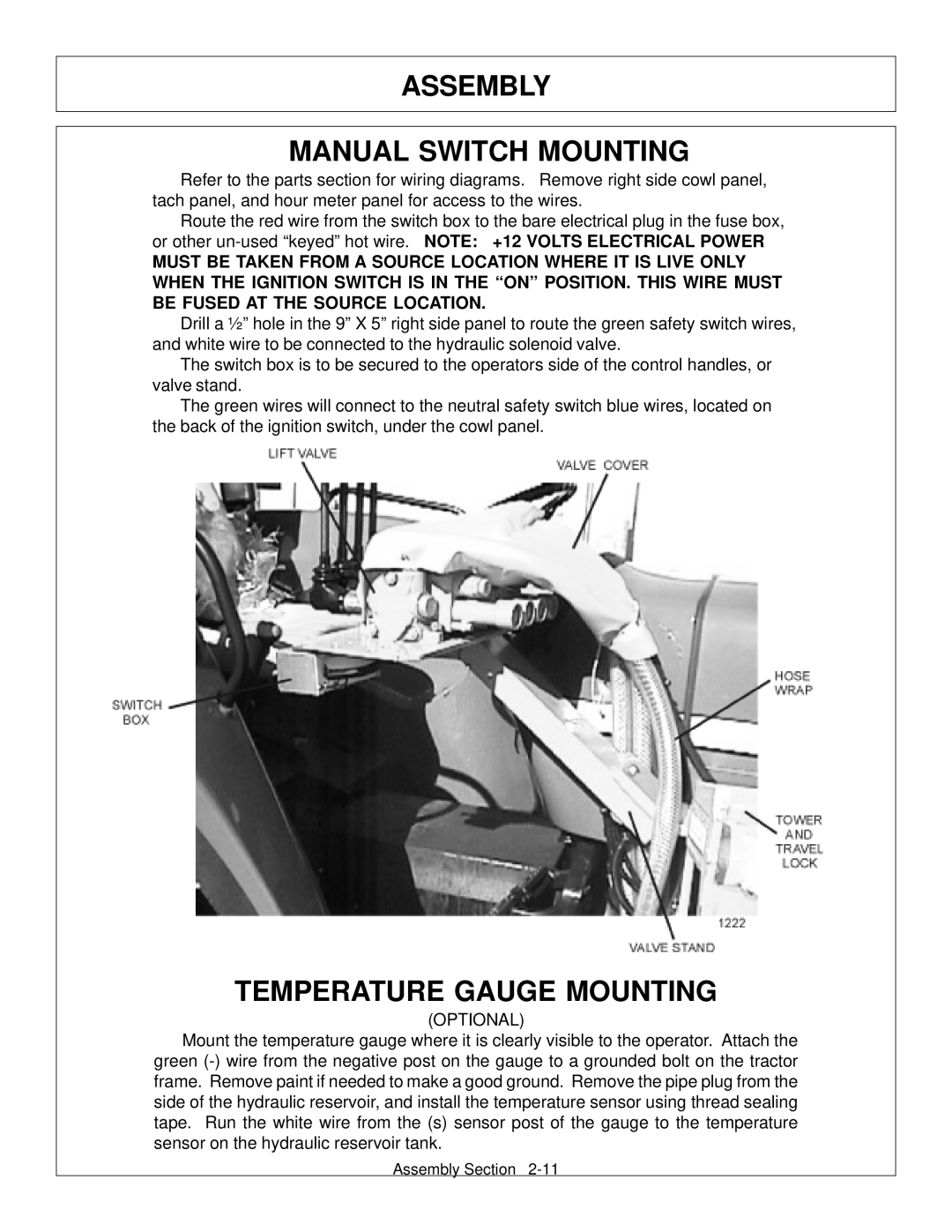 Tiger Products Co., Ltd JD 72-7520 manual Assembly Manual Switch Mounting, Temperature Gauge Mounting 