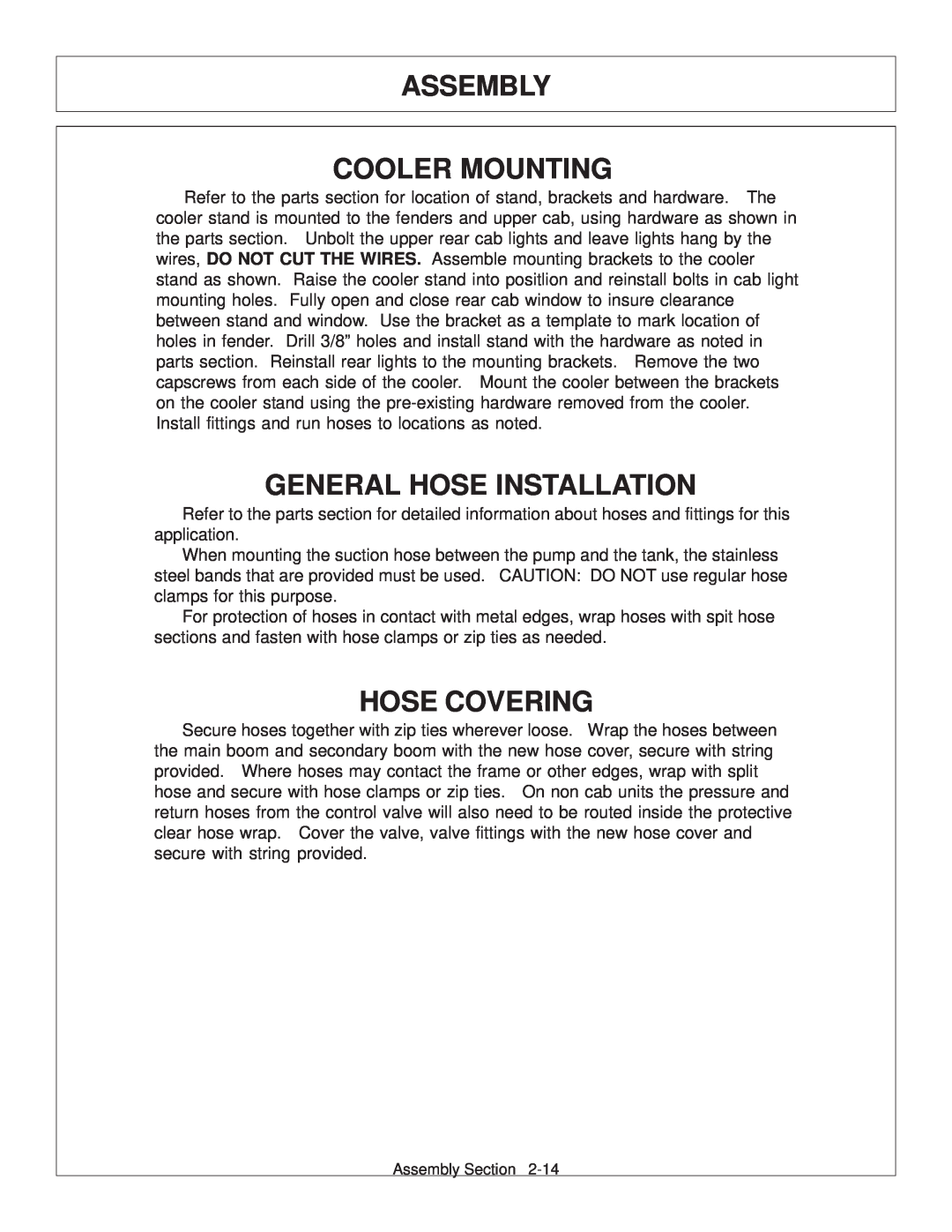 Tiger Products Co., Ltd JD 72-7520 manual Cooler Mounting, General Hose Installation, Hose Covering, Assembly 