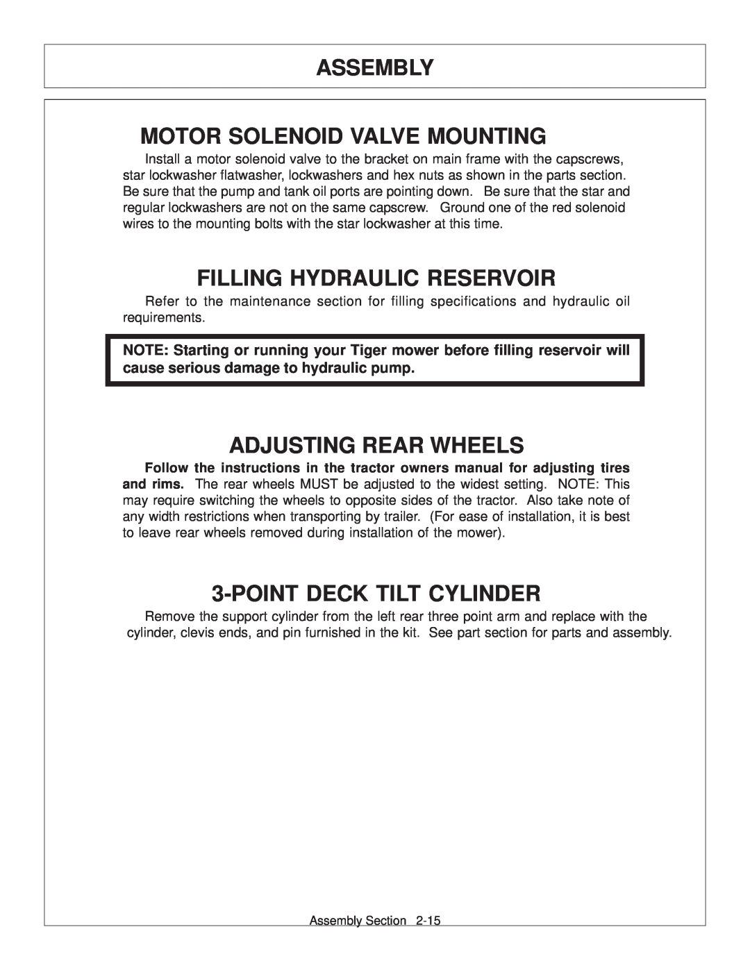 Tiger Products Co., Ltd JD 72-7520 manual Motor Solenoid Valve Mounting, Filling Hydraulic Reservoir, Adjusting Rear Wheels 