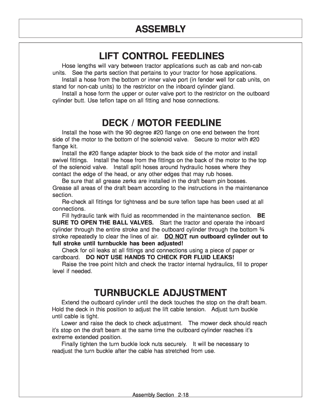 Tiger Products Co., Ltd JD 72-7520 manual Assembly Lift Control Feedlines, Deck / Motor Feedline, Turnbuckle Adjustment 
