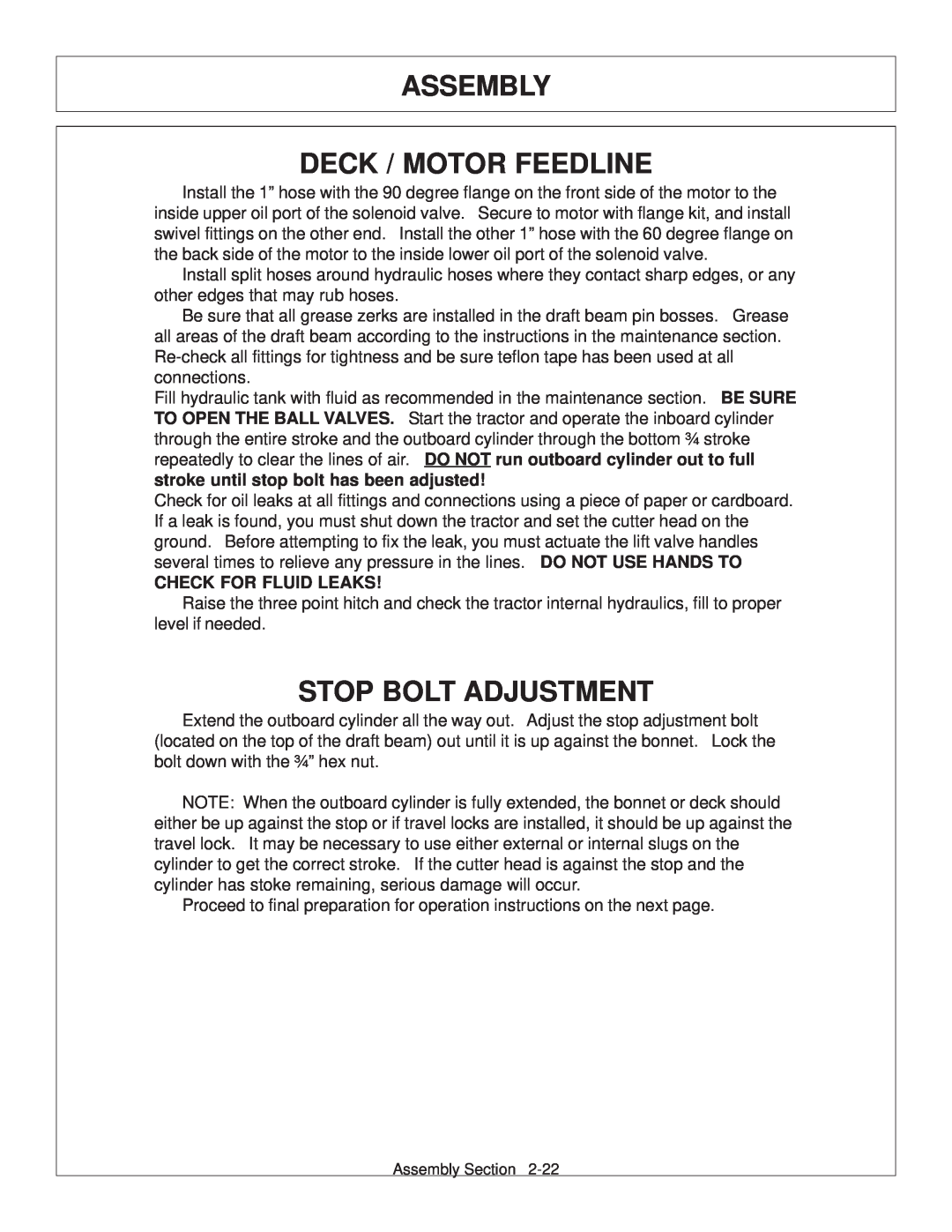 Tiger Products Co., Ltd JD 72-7520 manual Assembly Deck / Motor Feedline, Stop Bolt Adjustment, Check For Fluid Leaks 