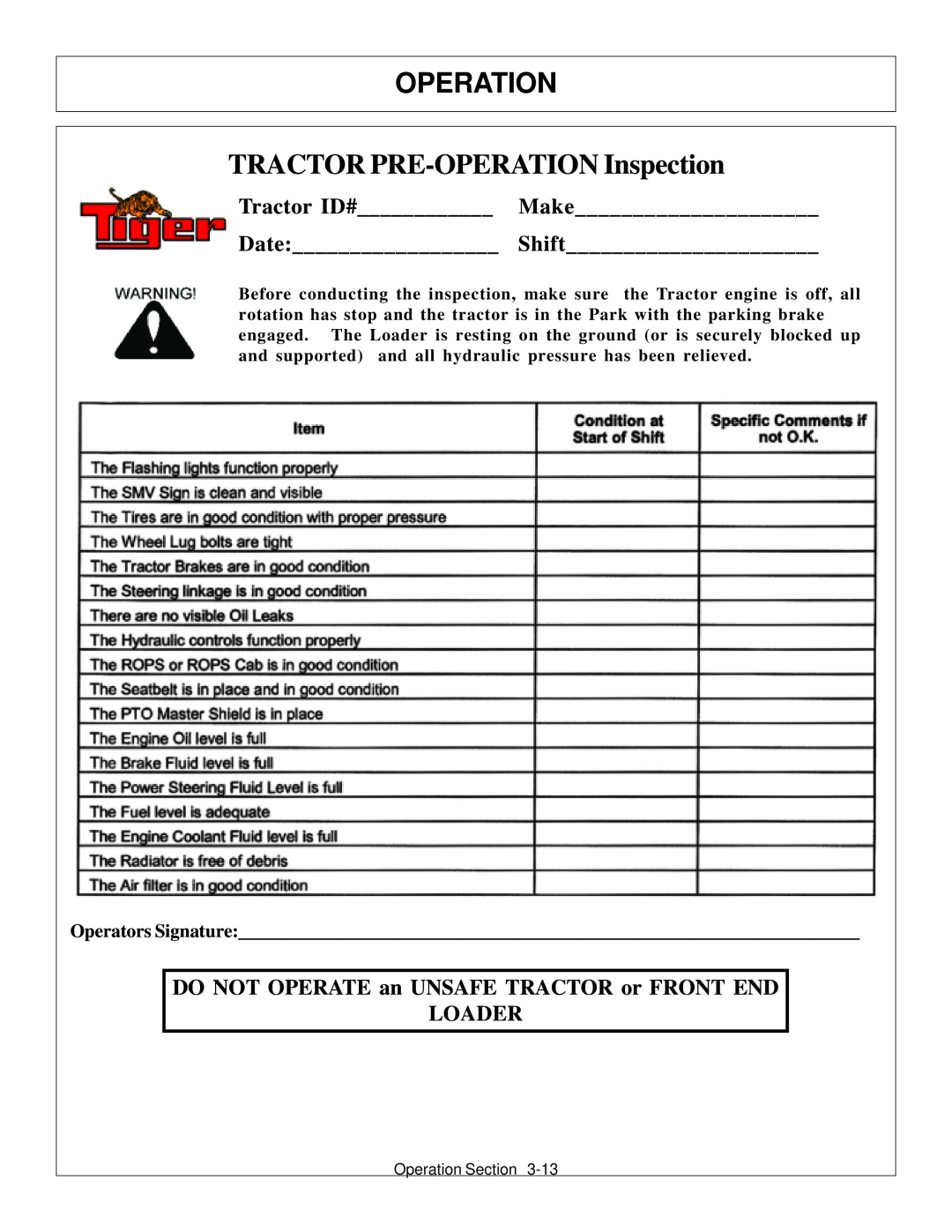 Tiger Products Co., Ltd JD 72-7520 manual Operation, TRACTOR PRE-OPERATION Inspection, Tractor ID# Make Date Shift 