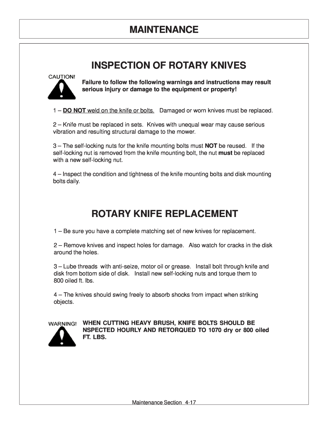 Tiger Products Co., Ltd JD 72-7520 manual Inspection Of Rotary Knives, Rotary Knife Replacement, Maintenance 
