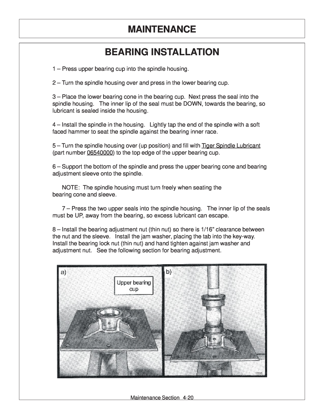 Tiger Products Co., Ltd JD 72-7520 manual Maintenance Bearing Installation 