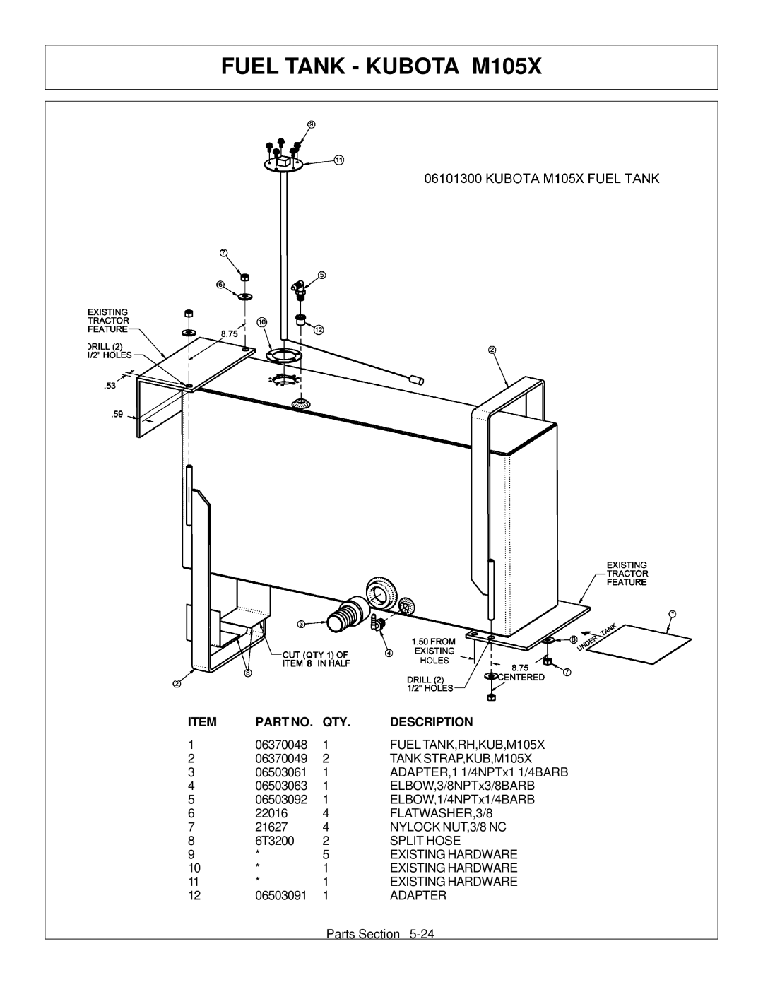 Tiger Products Co., Ltd M105X/S manual Fuel Tank Kubota M105X, Tank STRAP,KUB,M105X 